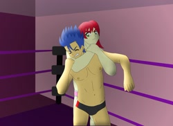 Size: 1600x1163 | Tagged: safe, artist:supermaxx92, character:flash sentry, character:nolan north, my little pony:equestria girls, clothing, fight, nolan north, partial nudity, speedo, topless, underwear, wrestling