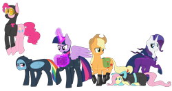 Size: 4823x2574 | Tagged: safe, artist:blackgryph0n, artist:slim-shady, character:applejack, character:fluttershy, character:mare do well, character:pinkie pie, character:rainbow dash, character:rarity, character:twilight sparkle, character:twilight sparkle (alicorn), species:alicorn, species:earth pony, species:pegasus, species:pony, species:unicorn, episode:pinkie spy, g4, my little pony: equestria girls, absurd resolution, boots, bunny ears, catsuit, clothing, costume, cowboy hat, dangerous mission outfit, female, fireproof boots, glowing horn, goggles, hat, hoodie, levitation, looking at you, magic, mane six, mare, saddle bag, simple background, smiling, sneaky, spy, stealth suit, stetson, telekinesis, transparent background, watermark