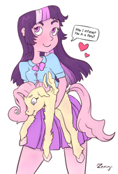 Size: 1289x1905 | Tagged: safe, artist:php93, derpibooru original, character:fluttershy, character:twilight sparkle, species:pony, my little pony:equestria girls, cute, dialogue, filly, filly fluttershy, heart, holding a pony, horses doing horse things, human and pony, shyabetes, simple background, white background, younger