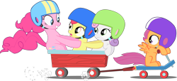 Size: 3904x1785 | Tagged: safe, artist:stinkehund, character:apple bloom, character:pinkie pie, character:scootaloo, character:sweetie belle, species:earth pony, species:pegasus, species:pony, species:unicorn, cart, cutie mark crusaders, female, filly, foal, helmet, mare, scooter, simple background, transparent background, vector, wagon