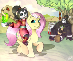 Size: 3000x2500 | Tagged: safe, artist:malamol, character:fluttershy, species:pony, chen, chen stormstout, clothing, crossover, cup, cute, exclamation point, li li, li li stormstout, mist of pandaria, panda, pandaren, question mark, raised hoof, sandals, shyabetes, signature, smiling, tree, trio, warcraft, world of warcraft