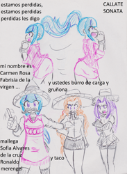 Size: 2160x2949 | Tagged: safe, artist:orochivanus, character:adagio dazzle, character:aria blaze, character:sonata dusk, my little pony:equestria girls, fake moustache, fanfic, fanfic art, simple background, sombrero, spanish, the dazzlings, traditional art, translated in the comments