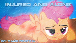 Size: 1837x1049 | Tagged: safe, artist:game-beatx14, artist:tgolyi, character:scootaloo, species:pegasus, species:pony, blood, fanfic, fanfic art, female, fimfiction, fimfiction.net link, rain, solo, story in the source