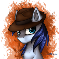Size: 1000x1000 | Tagged: safe, artist:setharu, oc, oc only, oc:p-21, species:pony, fallout equestria, fallout equestria: project horizons, bust, chest fluff, clothing, ear fluff, frown, hat, male, paint splatter, portrait, signature, solo, stallion