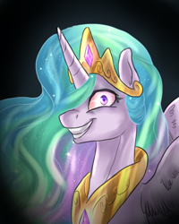 Size: 902x1126 | Tagged: safe, artist:not-ordinary-pony, character:princess celestia, species:alicorn, species:pony, crazy face, creepy, crown, evil grin, faec, female, grin, jewelry, looking at you, regalia, smiling, snaplestia, solo