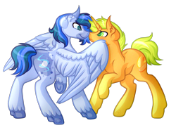 Size: 5000x3699 | Tagged: safe, artist:amazing-artsong, oc, oc only, oc:citrus tang, oc:featherlight, species:pegasus, species:pony, species:unicorn, absurd resolution, male, simple background, stallion, transparent background