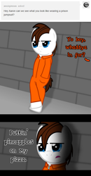 Size: 2520x4834 | Tagged: safe, artist:aarondrawsarts, oc, oc only, oc:brain teaser, absurd resolution, clothing, jail, jumpsuit, pineapples on pizza, prison, prison outfit, solo, thug life, tumblr