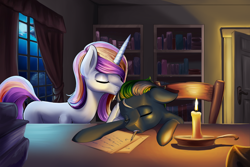 Size: 1440x960 | Tagged: safe, artist:d-lowell, oc, oc only, oc:ebony, oc:lilly, species:bat pony, species:pony, species:unicorn, book, bookshelf, candle, commission, couple, desk, door, ebolly, eyes closed, female, kissing, male, mare, moon, night, oc x oc, paper, room, shipping, sleeping, smiling, stallion, straight, tired, window