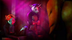 Size: 1920x1080 | Tagged: safe, artist:willitfit, character:rainbow dash, character:shining armor, species:anthro, comic:caught and exposed, 3d, clothing, crossed arms, explicit series, femboy, girly, grimdark series, grin, jeans, male, open jacket, pants, party, smiling, source filmmaker