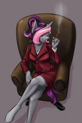 Size: 720x1080 | Tagged: safe, artist:d-lowell, oc, oc only, oc:victoria vanity, species:anthro, species:bat pony, species:pony, species:unguligrade anthro, species:unicorn, anthro oc, bat pony unicorn, business suit, chair, cigar, classy, clothing, commission, crossed legs, fangs, female, hybrid, legs, looking at you, mare, sitting, skirt, skirt suit, smiling, solo, suit