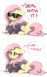 Size: 1104x1800 | Tagged: safe, artist:buttersprinkle, character:fluttershy, species:pegasus, species:pony, g4, :<, buttersprinkle is trying to murder us, clothing, cute, dawwww, deal with it, dialogue, female, floppy ears, frown, hnnng, hoodie, if that's okay with you, looking up, mare, meme, prone, puppy dog eyes, shy, shyabetes, simple background, solo, sunglasses, tough, white background