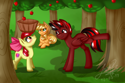 Size: 1800x1200 | Tagged: safe, artist:jack-pie, character:apple bloom, character:applejack, oc, species:alicorn, species:pony, alicorn oc, apple, apple tree, applebucking, balancing, basket, clothing, commission, cowboy hat, female, filly, food, fruit, harvest, hat, red and black oc, signature, stetson, the cmc's cutie marks, tree
