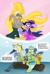 Size: 2204x3264 | Tagged: safe, artist:cartuneslover16, character:daring do, character:discord, character:twilight sparkle, ship:mordetwi, armor, blondecai, blushing, clothing, cosplay, crossover, crossover shipping, dress, fanfic, female, fish hooks, male, mordecai, mr baldwin, royal guard, shipping, straight, tuxedo, wat, why cartuneslover why?
