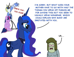 Size: 2180x1681 | Tagged: safe, artist:cartuneslover16, character:princess luna, character:twilight sparkle, comic sans, crossover, mordecai, muscle man, regular show, text