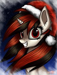 Size: 554x727 | Tagged: safe, artist:setharu, oc, oc only, oc:blackjack, species:pony, fallout equestria, christmas, clothing, cute, ear fluff, female, grin, hat, holiday, looking at you, mare, night, outdoors, santa hat, shooting star, signature, sky, smiling, solo, stars, windswept mane, winter