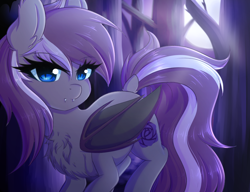 Size: 1280x982 | Tagged: safe, artist:fluffymaiden, oc, oc only, oc:violet rose, species:bat pony, species:pony, bat pony oc, blue eyes, chest fluff, cute, female, forest, full moon, gift art, looking at you, mare, moon, night, solo