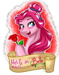 Size: 1500x1900 | Tagged: safe, artist:jack-pie, character:pinkie pie, alternate hairstyle, banner, beautiful, beauty and the beast, belle, blushing, crossover, disney, exploitable meme, female, flower, hoof hold, looking back, melissa gedeón, meme, open mouth, rose, same voice actor, solo, voice actor joke