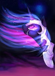 Size: 850x1162 | Tagged: safe, artist:not-ordinary-pony, character:nightmare twilight sparkle, character:twilight sparkle, species:alicorn, species:pony, crying, female, helmet, looking up, night, nightmarified, solo, stars