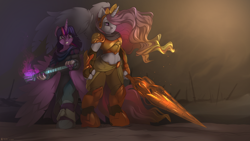 Size: 4800x2700 | Tagged: safe, artist:noben, character:princess celestia, character:twilight sparkle, character:twilight sparkle (alicorn), species:alicorn, species:anthro, species:pony, species:unguligrade anthro, absurd resolution, armor, battlefield, commission, female, lance, mace, magic, midriff, pink-mane celestia, warrior celestia, warrior twilight sparkle, weapon