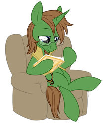 Size: 1024x1198 | Tagged: safe, artist:kellythedrawinguni, oc, oc only, oc:latent logic, species:pony, book, clothing, couch, glasses, male, reading, simple background, solo, stallion, transparent background, vest