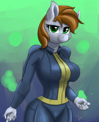Size: 2480x3057 | Tagged: safe, artist:passigcamel, oc, oc only, oc:littlepip, species:anthro, fallout equestria, anthro oc, breasts, busty littlepip, clothing, fanfic, fanfic art, female, horn, jumpsuit, solo, vault suit