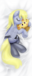Size: 633x1500 | Tagged: safe, artist:moonlitbrush, character:derpy hooves, species:pegasus, species:pony, body pillow, body pillow design, clothing, commission, female, food, garter belt, lace, lingerie, mare, muffin, sleeping, solo, stockings, thigh highs, tights, toy