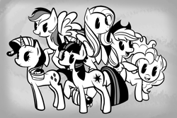 Size: 3000x2000 | Tagged: safe, artist:looji, character:applejack, character:fluttershy, character:pinkie pie, character:rainbow dash, character:rarity, character:twilight sparkle, black and white cartoon, grayscale, mane six, monochrome, old time, oldschool cartoon, pacman eyes, raised hoof, style emulation
