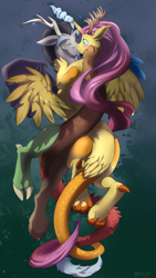 Size: 1080x1920 | Tagged: dead source, safe, artist:noben, character:discord, character:fluttershy, species:alicorn, species:draconequus, species:pony, ship:discoshy, alicornified, blushing, commission, cute, draconequified, female, fluttercorn, flutterequus, holding wings, kissing, male, race swap, shipping, shyabetes, species swap, straight, symmetrical