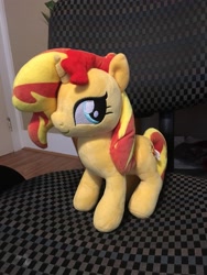 Size: 3024x4032 | Tagged: safe, artist:onlyfactory, character:sunset shimmer, species:pony, species:unicorn, absurd resolution, bootleg, desk, dvd, house plant, irl, office chair, photo, plushie, r2-d2
