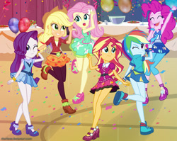 Size: 1379x1098 | Tagged: safe, artist:charliexe, character:applejack, character:fluttershy, character:pinkie pie, character:rainbow dash, character:rarity, character:sunset shimmer, equestria girls:friendship games, g4, my little pony: equestria girls, my little pony:equestria girls, bracelet, canterlot high, clothing, confetti, cowboy hat, cup, cute, dress, eyes closed, female, food, freckles, hat, high heels, leg focus, leggings, legs, mary janes, miniskirt, necktie, one eye closed, open mouth, pantyhose, punch (drink), punch bowl, raised leg, salad, school spirit, schrödinger's pantsu, shoes, show accurate, skirt, skirt lift, stetson, streamers, wink, wristband