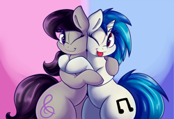 Size: 2500x1710 | Tagged: safe, artist:graphene, character:dj pon-3, character:octavia melody, character:vinyl scratch, species:earth pony, species:pony, species:unicorn, ship:scratchtavia, cute, female, hug, lesbian, missing accessory, one eye closed, shipping, smiling, tavibetes, tongue out, vinylbetes, wink, wrong eye color
