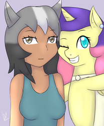 Size: 2887x3492 | Tagged: safe, artist:wolfy-pony, oc, oc only, oc:solaria, species:alicorn, species:human, species:pony, alicorn oc, breasts, clothing, ear piercing, earring, female, jewelry, looking at you, mare, one eye closed, piercing, selfie, smiling, wink