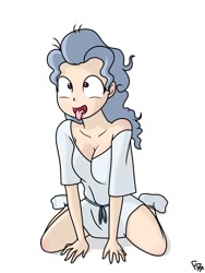 Size: 768x1024 | Tagged: safe, artist:frankier77, character:screw loose, species:human, behaving like a dog, breasts, busty screw loose, cleavage, clothing, cross-eyed, derp, female, humanized, kneeling, simple background, socks, solo, tongue out, white background