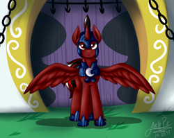 Size: 1950x1550 | Tagged: safe, artist:jack-pie, oc, oc only, species:alicorn, species:pony, alicorn oc, commission, door, gate, helmet, male, night guard, serious, serious face, signature, solo, spread wings, stallion, wings