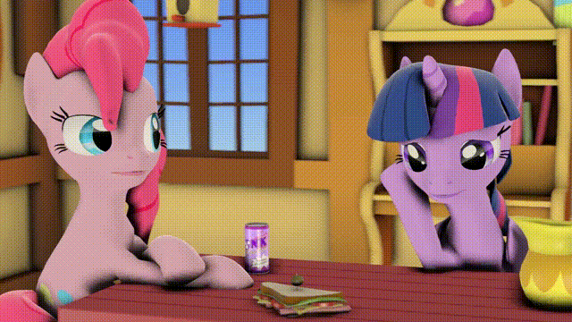 Size: 640x360 | Tagged: safe, artist:bastbrushie, character:pinkie pie, character:twilight sparkle, character:twilight sparkle (alicorn), species:alicorn, species:earth pony, species:pony, 3d, animated, costume swap, female, food, gif, rapper pie, sandvich, sandwich, source filmmaker, talking