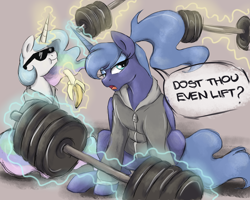 Size: 2500x2000 | Tagged: safe, artist:buttersprinkle, character:princess celestia, character:princess luna, species:alicorn, species:pony, :t, alternate hairstyle, banana, bananalestia, barbell, cheating, clothing, dialogue, do you even lift, duo, duo female, female, food, hoodie, levitation, lidded eyes, lifting, magic, mare, meme, open mouth, ponytail, royal sisters, s1 luna, sunglasses, telekinesis, weights, ye olde butcherede englishe, you're such a cheater bro