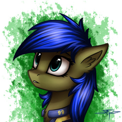 Size: 1000x1000 | Tagged: safe, artist:setharu, oc, oc only, oc:scotch tape, species:earth pony, species:pony, fallout equestria, fallout equestria: project horizons, abstract background, bust, ear fluff, female, mare, portrait, solo, vault suit