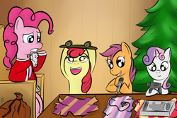 Size: 1200x800 | Tagged: safe, artist:cheshiresdesires, character:apple bloom, character:pinkie pie, character:scootaloo, character:sweetie belle, species:pegasus, species:pony, christmas, cutie mark crusaders, oops, power tools, this will end in tears