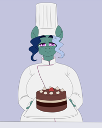 Size: 1200x1500 | Tagged: safe, artist:lurking tyger, oc, oc only, oc:sugar cakes, species:earth pony, species:pony, cake, chef, chef outfit, chef's hat, clothing, food, hat, solo
