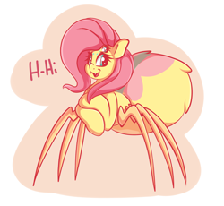 Size: 1800x1653 | Tagged: safe, artist:graphene, character:fluttershy, comic:children of everfree, cute, cute little fangs, fanart, fangs, female, hi, looking at you, monster pony, multiple eyes, open mouth, original species, shyabetes, simple background, smiling, solo, species swap, spiderpony, spidershy