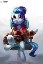 Size: 1700x2500 | Tagged: safe, artist:jedayskayvoker, oc, oc only, species:earth pony, species:pony, chair, clothing, commission, gamer, looking at you, male, sitting, solo
