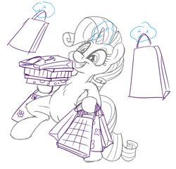 Size: 1280x1227 | Tagged: safe, artist:pirill, character:rarity, species:pony, 30 minute art challenge, armpits, bipedal, female, glowing horn, magic, shopping bags, smiling, solo, telekinesis