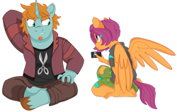 Size: 1265x804 | Tagged: safe, artist:dbkit, character:scootaloo, character:snips, species:anthro, species:pegasus, species:pony, species:unguligrade anthro, clothing, equestria girls outfit, female, male, older, older scootaloo, older snips, pants, rear view, scootasnips, shipping, shorts, simple background, story in the source, story included, straight, torn clothes, transparent background, underhoof