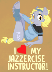 Size: 1000x1396 | Tagged: safe, artist:dbkit, character:derpy hooves, species:anthro, species:pegasus, species:pony, species:unguligrade anthro, alternate hairstyle, brown background, clothing, female, jazzercise, leg warmers, looking at you, mare, simple background, solo, stretching, sweatband, underp, yoga