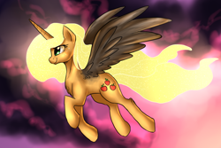 Size: 1400x936 | Tagged: safe, artist:not-ordinary-pony, character:applejack, species:alicorn, species:pony, alicornified, applecorn, female, flying, glowing mane, mare, profile, race swap, smiling, spread wings, wings