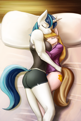 Size: 960x1440 | Tagged: safe, artist:d-lowell, character:shining armor, oc, oc:molten mallard, species:anthro, amazon, bed, biceps, breasts, busty gleaming shield, canon x oc, clothing, cute, eyes closed, female, gleamibetes, gleaming shield, lesbian, midriff, muscles, muscular female, pillow, rule 63, rule63betes, shipping, shorts, size difference, sleeping