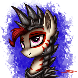 Size: 1000x1000 | Tagged: safe, artist:setharu, oc, oc only, oc:rampage, species:earth pony, species:pony, fallout equestria, fallout equestria: project horizons, armor, bust, cute, female, lidded eyes, mare, portrait, signature, smiling, solo, spiked armor, spikes