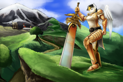 Size: 1800x1200 | Tagged: safe, artist:d-lowell, oc, oc only, species:anthro, species:pegasus, species:plantigrade anthro, species:pony, anthro oc, armor, cloud, commission, female, guild wars 2, mare, mountain, path, scenery, sky, solo, sword, town, tree, weapon