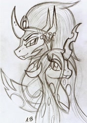 Size: 1119x1583 | Tagged: safe, artist:rossmaniteanzu, character:king sombra, character:queen chrysalis, ship:chrysombra, antagonist, female, male, monochrome, shipping, sketch, straight, traditional art