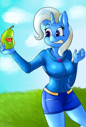 Size: 1062x1563 | Tagged: safe, artist:passigcamel, character:trixie, species:anthro, species:pony, species:unicorn, biting pear of salamanca, breasts, busty trixie, clothing, cloud, equestria girls outfit, female, food, grass, hoodie, mare, meme, open mouth, pear, sky, sweater